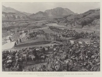 The Indian Frontier Rising, Arrival of General Sir William Lockhart at the Winter Quarters at Barkai, in the Bara Valley, the Baggage Coming in from Datoi